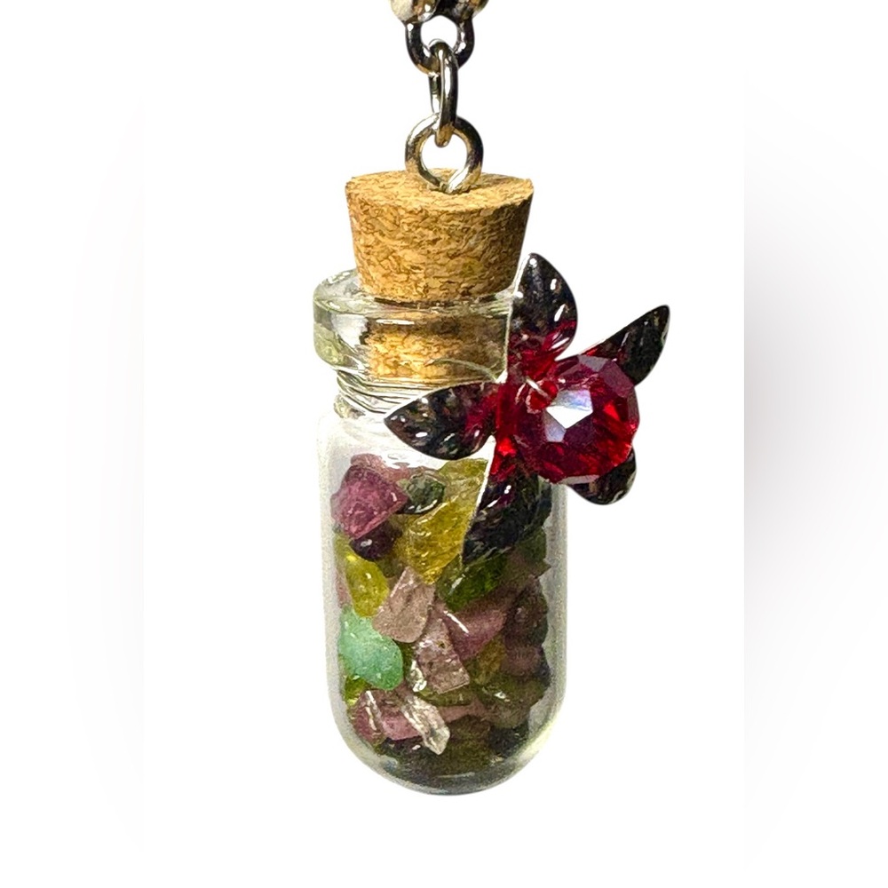 Wishing Bottle with Gemstone Chips and Crystal Center Flower on 925 Chain - Picture 4 of 14